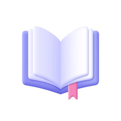 Open book, diary with white paper blank pages and bookmark. 3d vector icon. Cartoon minimal style. - obrazy, fototapety, plakaty