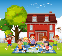 Children playing games outside the house