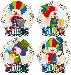 Set happy clown playing musical instruments with music notes on white background