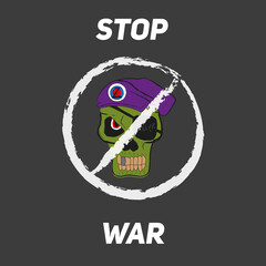 skull illustration with symbols of war and peace
