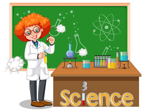 Scientist woman cartoon character with laboratory equipments