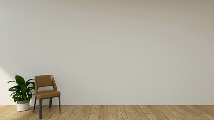 Mockup room with a blank wall, a brown chair, and a plant. 3d rendering. 3d illustration