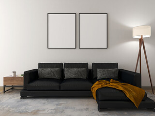 Mockup room with blank frames, black sofa, pillows, blanket, small table, carpet, floor lamp. 3d rendering. 3d illustration