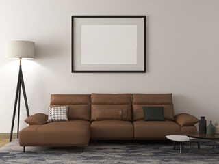 Mockup frame with empty frame in living room with brown sofa, pillow, carpet, coffee table, and floor lamp. 3d rendering. 3d illustration.
