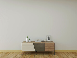 Wall mockup with minimalism cabinet and objects, and wooden floor. 3d illustration. 3d rendering. 