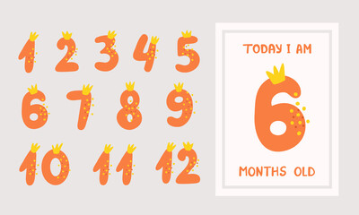 Baby cards with numbers for newborn girl or boy, 1-12 months. Baby month anniversary card. Nursery print. Vector Illustration for backgrounds, covers, packaging, greeting cards and posters.