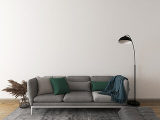 Mockup wall living room with gray carpet, sofa, pillows, lamp, and pampas vase. 3d illustration. 3d rendering
