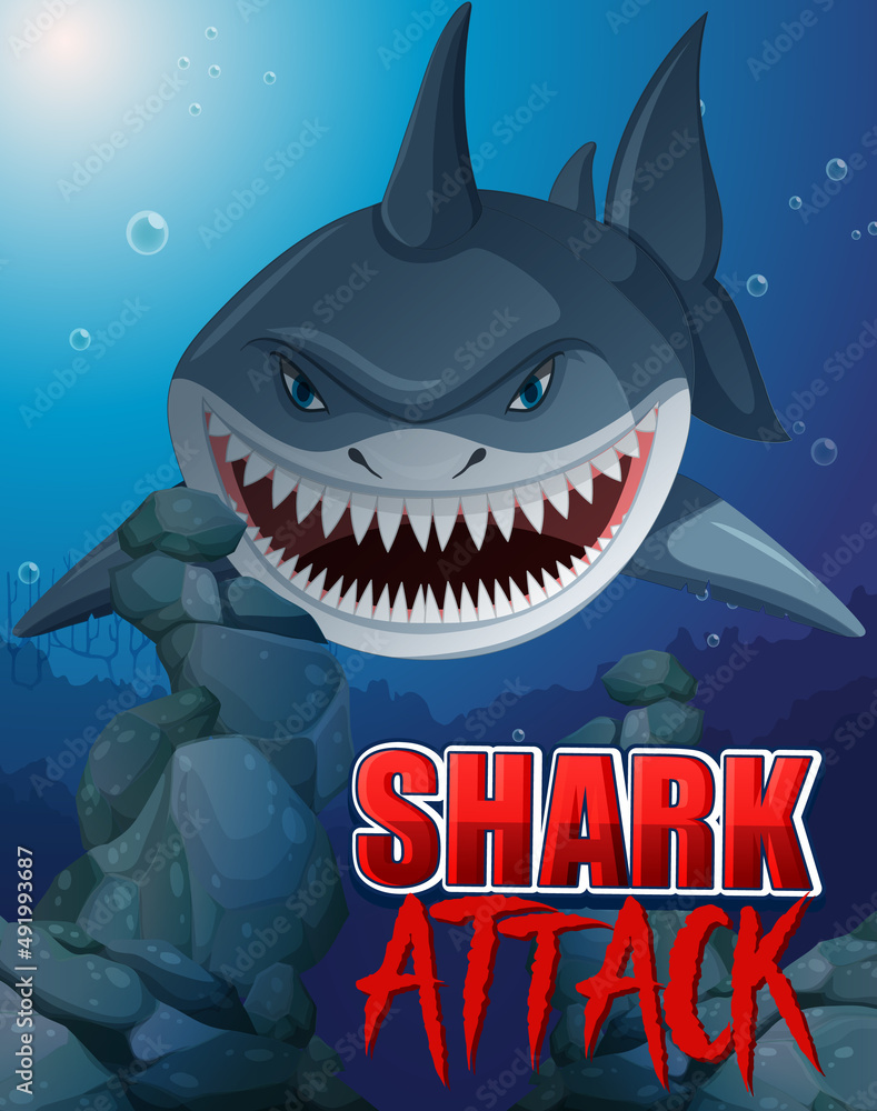 Sticker aggressive shark underwater deep sea background