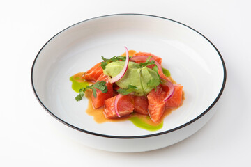 Salmon and avocado salad. Avocado puree. Healthy food. An isolated object. Photo on a white background for the menu.Copy space.