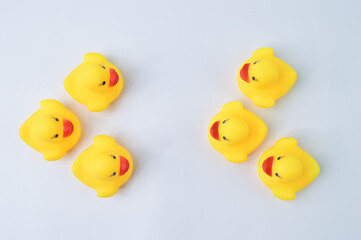 Toy ducks facing the opposite directions. Think different, unique and innovation concept
