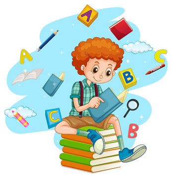 A boy reading books on white background