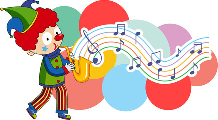Clown blowing saxophone with music notes on white background