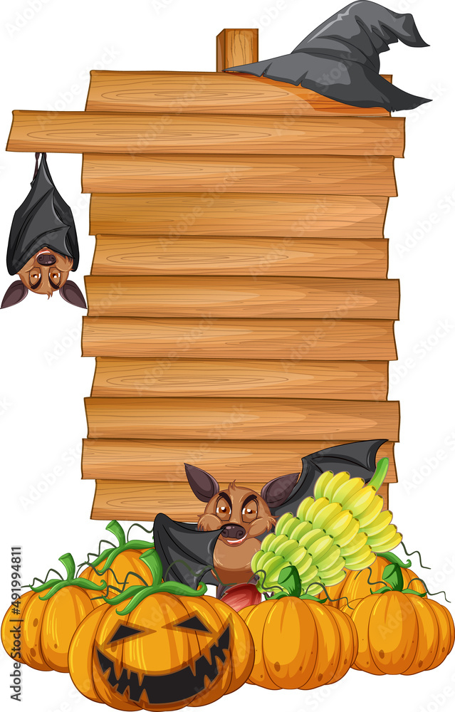 Wall mural blank wooden signboard with bat in halloween theme