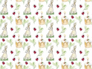 Happy Easter seamless pattern with watercolor Easters characters. Hand drawn cute Easter bunny ,  Easter cakes, flowers, ladybug. 