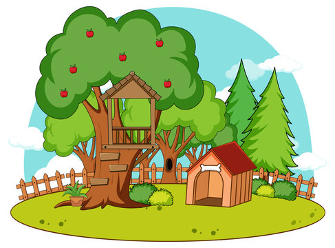 A simple tree house and doghouse in nature background