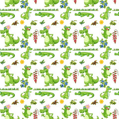 Crocodile with leaf seamless pattern