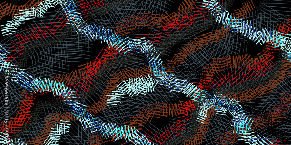 Poster multicolored wavy lattice lines are parallel and intersect on a black background. abstract fractal t
