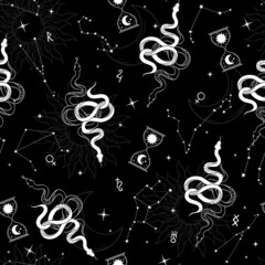 Black seamless background with stars and snakes