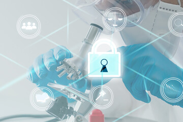 Doctor pushing button locked shield virus security virtual healthcare network medicine