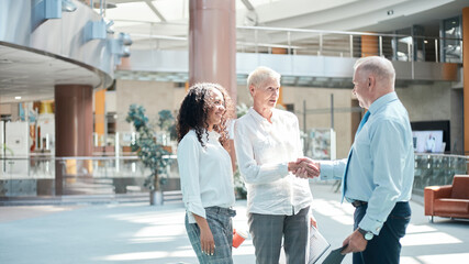 business center visitors meeting each other with a handshake .