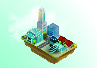 Isometric city with modern and historic buildings, streets, and birds light blue background