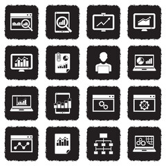 Web Analytics Icons. Grunge Black Flat Design. Vector Illustration.