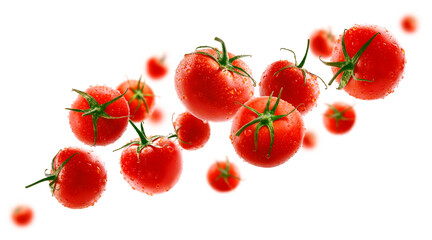Red tomatoes levitate on a white background