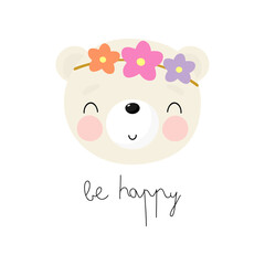 Cute Bear with flowers. Cartoon style. Vector illustration. For kids stuff, card, posters, banners, children books, printing on the pack, printing on clothes, fabric, wallpaper, textile or dishes.