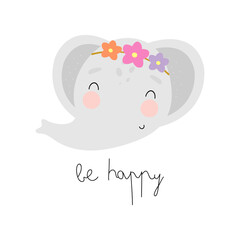 Cute Elephant with flowers. Cartoon style. Vector illustration. For kids stuff, card, posters, banners, children books, printing on the pack, printing on clothes, fabric, wallpaper, textile or dishes.