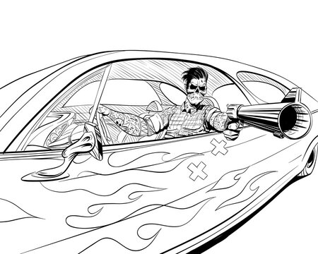 Gangster with a skull face with a gun sitting in the car. Pop art comics retro design vector illustration. 