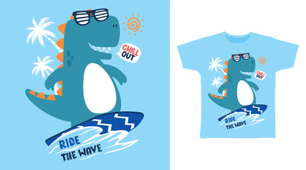 Dinosaur play surfboard cartoon tshirt design concepts