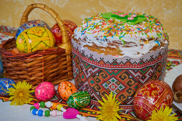 ukrainian easter background,Easter cake with a basket of Easter eggs on the table