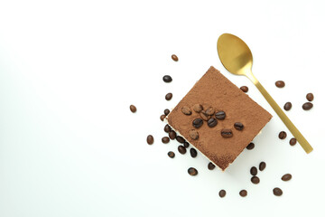 Concept of tasty dessert with Tiramisu cake, space for text