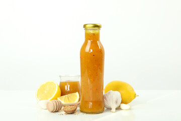 Concept of tasty food with honey mustard sauce