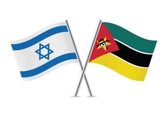 Israel and Mozambique crossed flags. Israeli and Mozambican flags, isolated on white background. Vector icon set. Vector illustration.