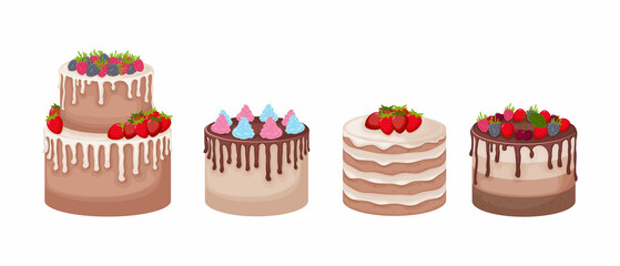 Cakes. A set of cakes of different sizes and shapes, decorated with berries, chocolate and whipped cream. Sweet dessert. Vector illustration
