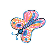 Childlike drawing of butterfly. Marker illustration butterfly on white background. Isolated.