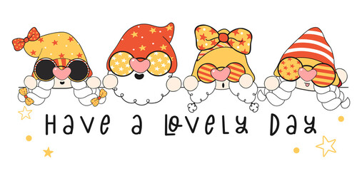 cute retro Gnomes cartoon r groovy nordic faceless head drawing in vintage outfit