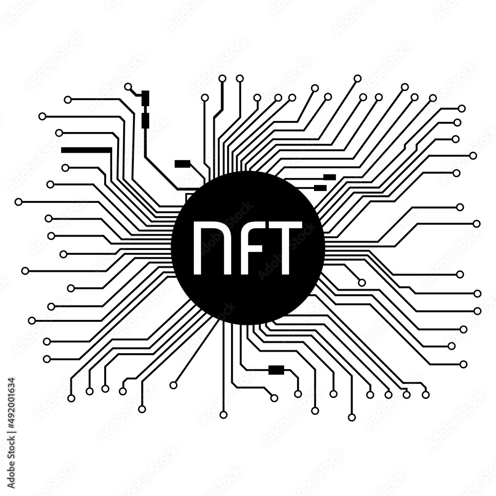 Sticker pcb tracks with ntf non fungible token in black center isolated on white. website design element.