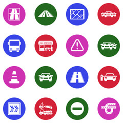 Highway Icons. White Flat Design In Circle. Vector Illustration.