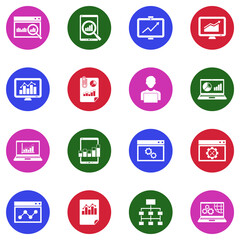 Web Analytics Icons. White Flat Design In Circle. Vector Illustration.