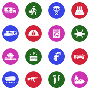 War Refugee Icons. White Flat Design In Circle. Vector Illustration.