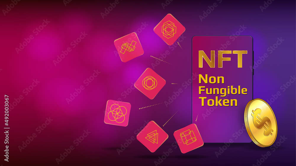 Canvas Prints concept of earning dollars usd on nft. unique tokens fly out from cellphone with text nft non fungib