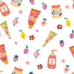 Body cream seamless pattern. Hand drawn cosmetics packaging, serum, cream. Skin nutrients, care, treatment, cosmetics store. Perfect for textile, wallpaper and scrapbook. Vector cartoon illustration