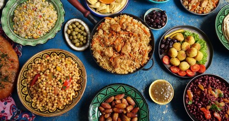 Traditional Halal Middle Eastern cuisine. Falafel, samosa, chickpeas, beans, pita bread, pilaf, tajine, couscous, dates, olives. Eid Al Fitr holiday celebration
