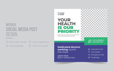 Medical Social Media Pack Template Premium Vector. Set of Modern Social Media Post Template. Medical Healthcare Social Media Post Template with Blue, Green Elements