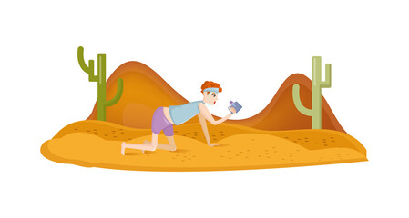 Natural disasters, severe weather unfavorable environmental conditions. Man in desert crawling on his knees on sands in desert without water cartoon vector