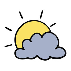 Weather hand drawn, clouds and sun flat color design