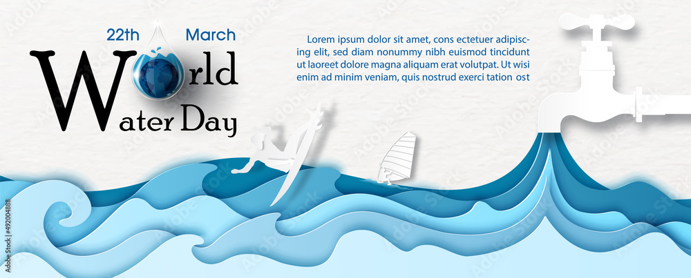 Poster water tap with blue layer of water shape with water sports person in papercut style, the day and nam