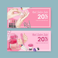 Voucher template with nail salon concept,watercolor style